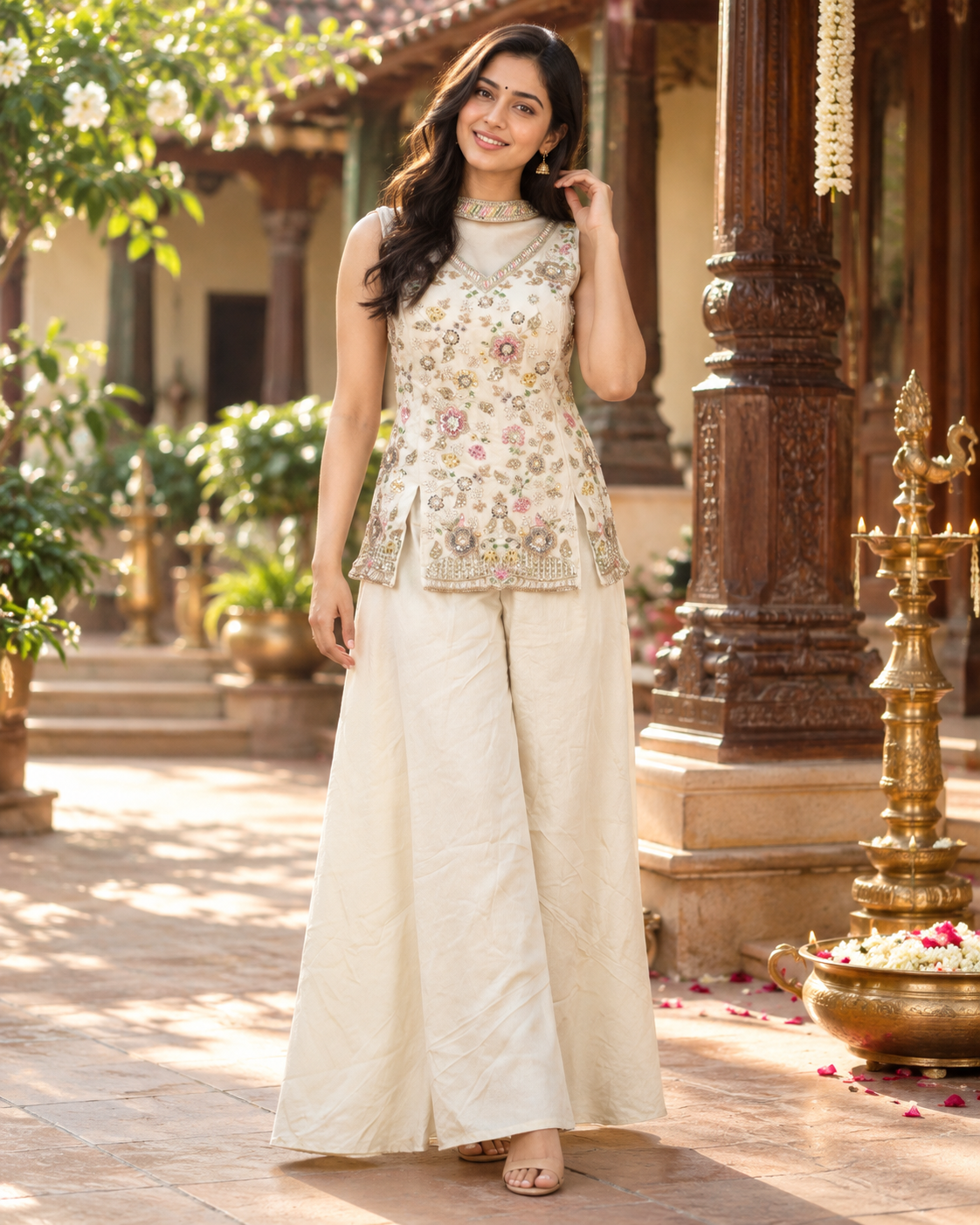 Ivory Floral Embroidered Art Silk Sharara Set