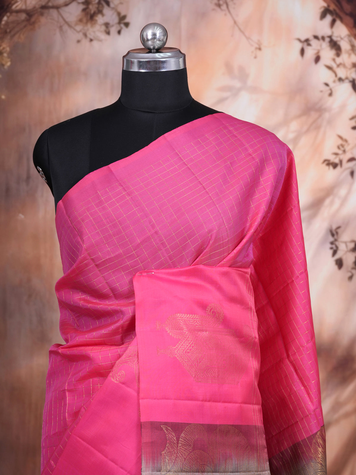 Rose Pink with Antique Gold Kanchipuram Pure Mix Silk
