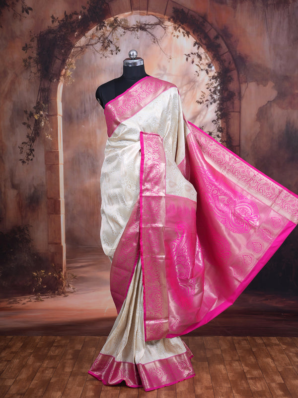 White with Magenta and Gold Kanchipuram Fancy Silk Saree