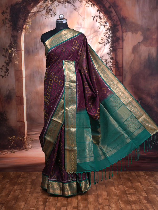 Deep Wine with Teal Green - Pure Kanchipuram Silk Saree