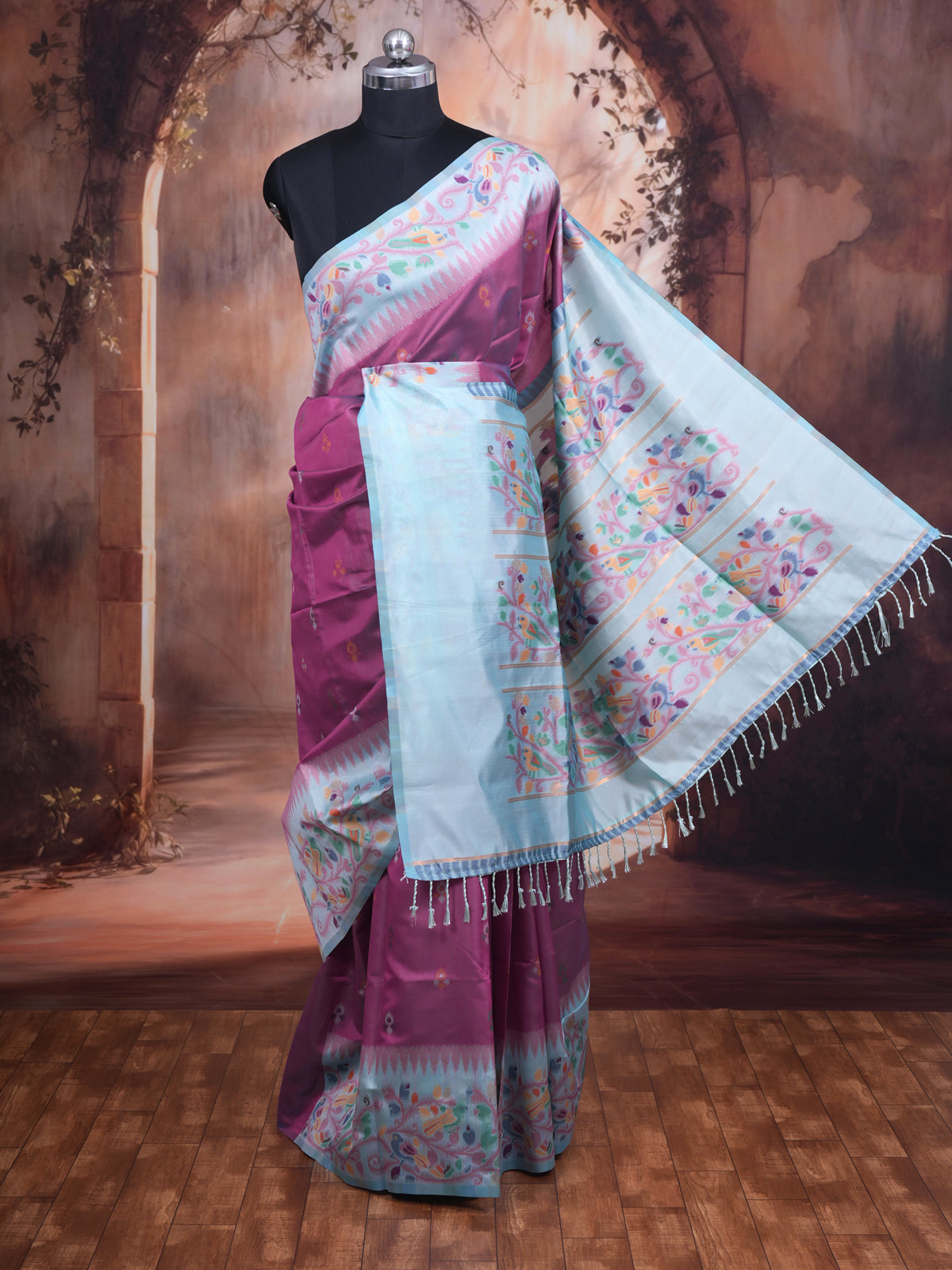 Magenta with Ice Blue Fancy Silk Saree