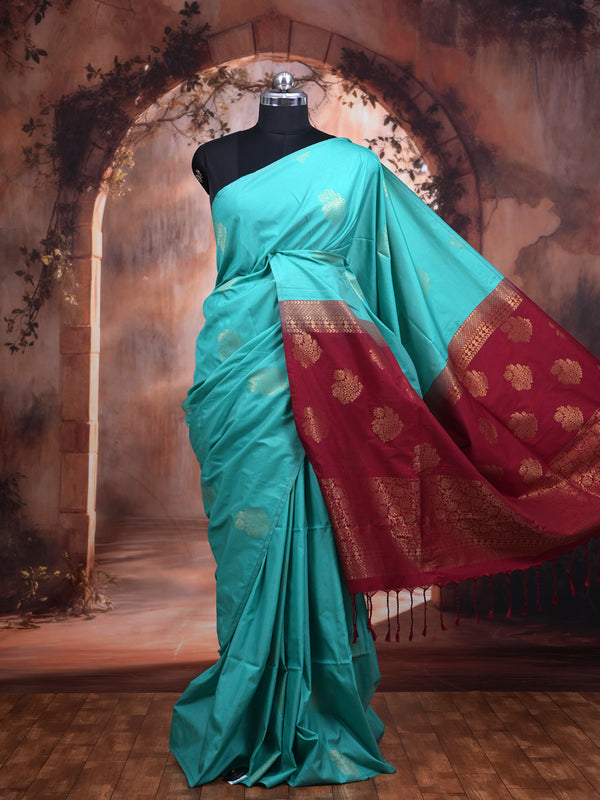 Feroze Blue with Maroon - Semi Silk Saree
