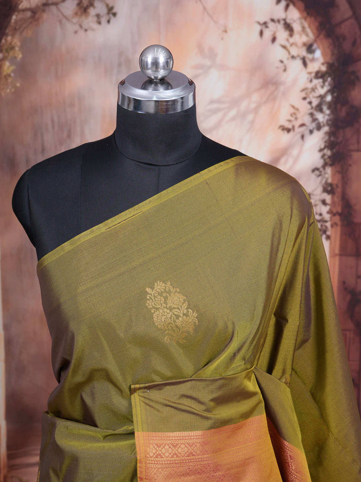 Olive Green with Pink - Semi Silk Saree