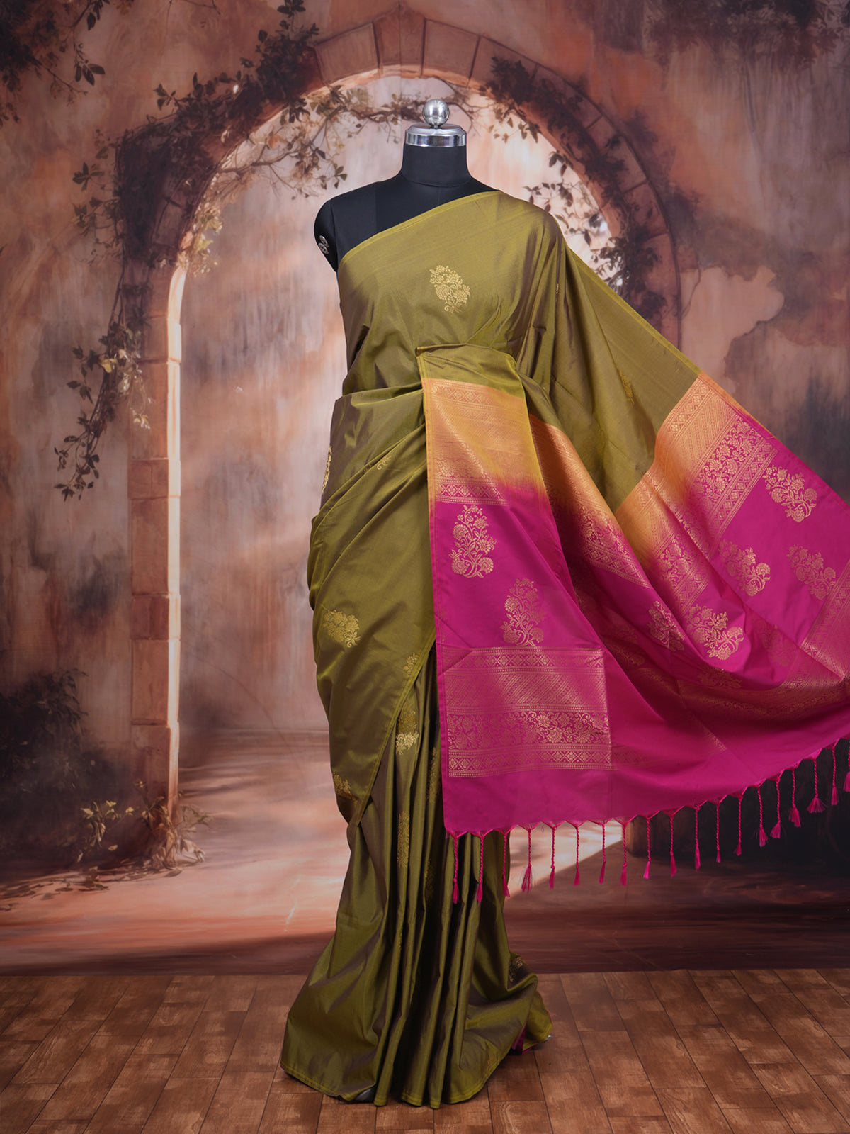 Olive Green with Pink - Semi Silk Saree