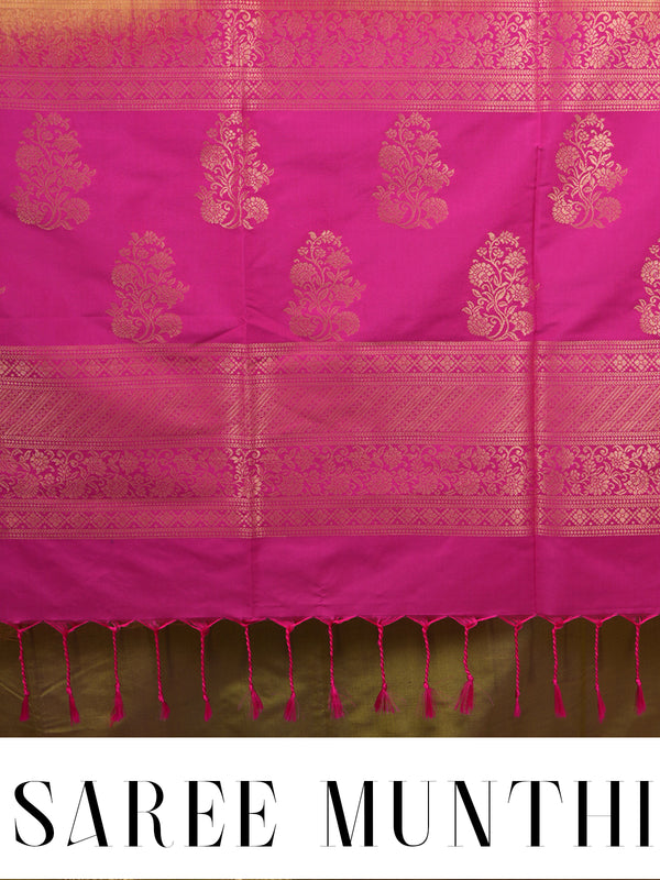 Olive Green with Pink - Semi Silk Saree