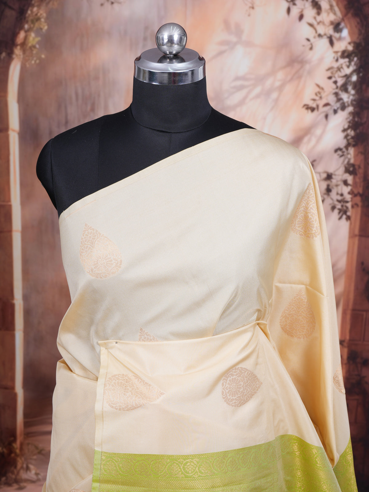 Cream with Lime Green - Kanchipuram Semi Silk Saree