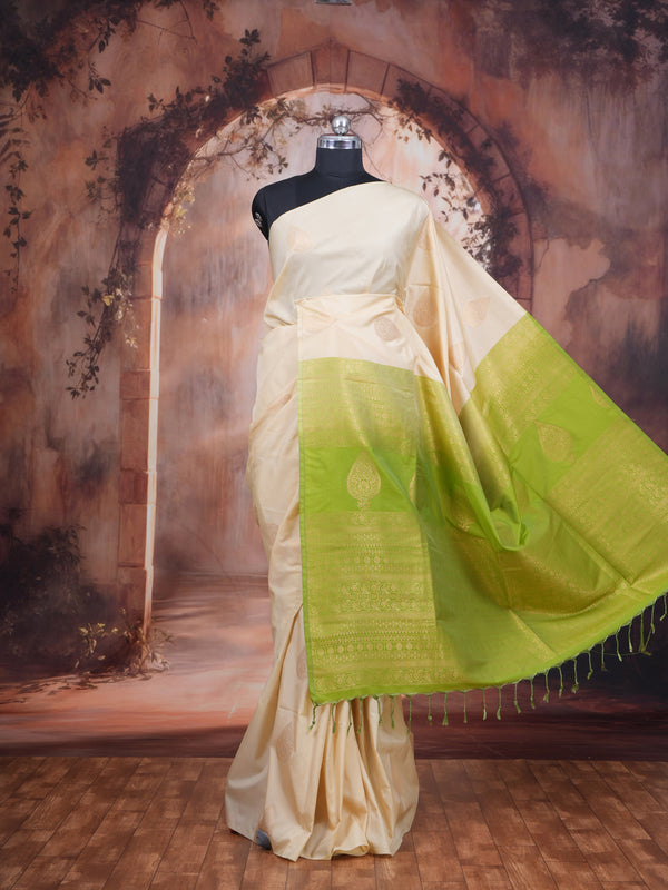 Cream with Lime Green - Kanchipuram Semi Silk Saree