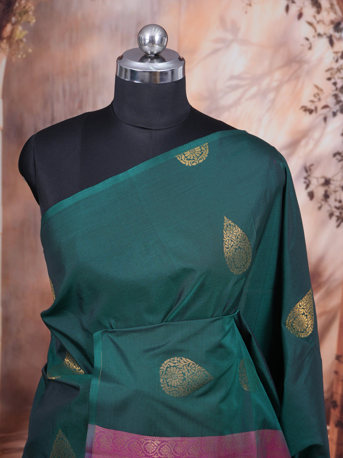 Bottle Green with Magenta Pink - Kanchipuram Semi Silk Saree