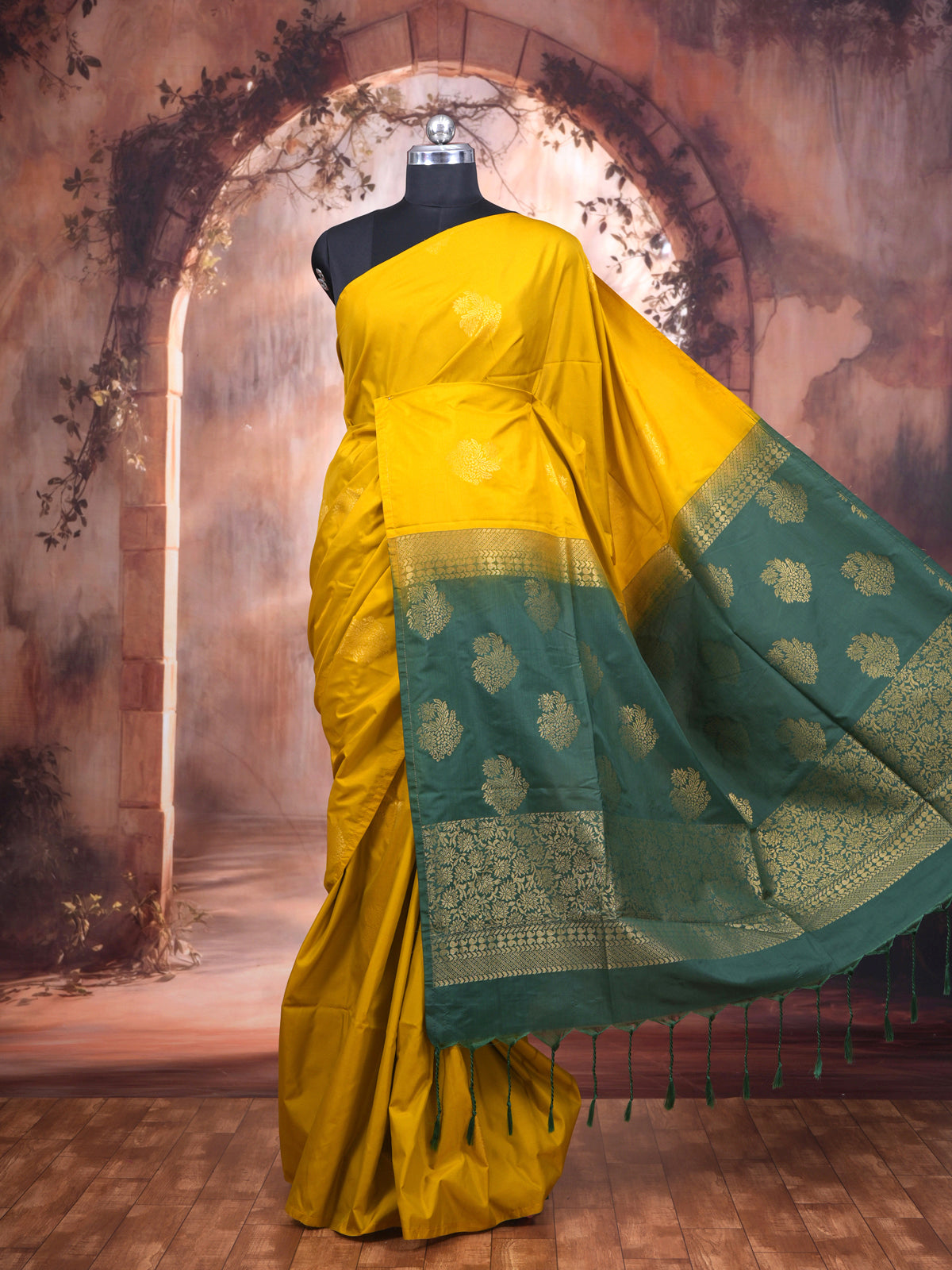 Mustard Yellow with Teal Blue Semi Silk Saree