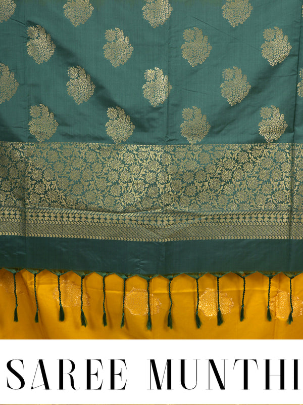 Mustard Yellow with Teal Blue Semi Silk Saree