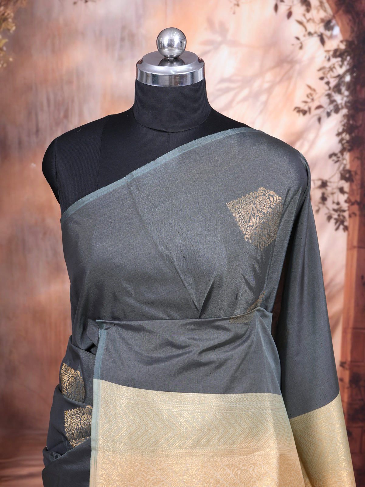 Slate Grey with Creamish Gold Semi Silk Saree