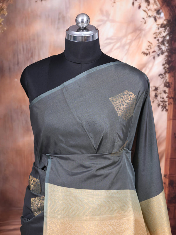Slate Grey with Creamish Gold Semi Silk Saree