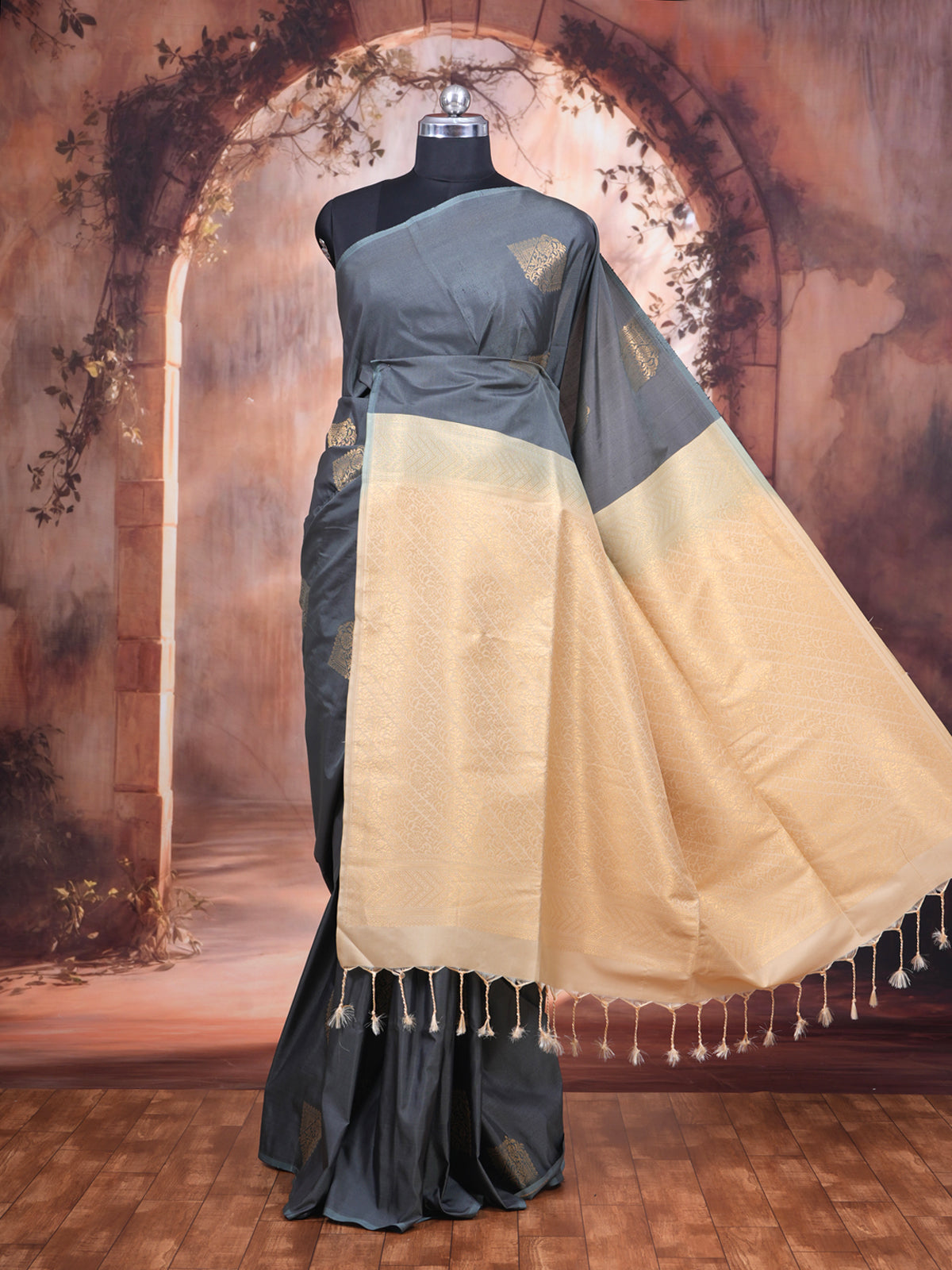 Slate Grey with Creamish Gold Semi Silk Saree