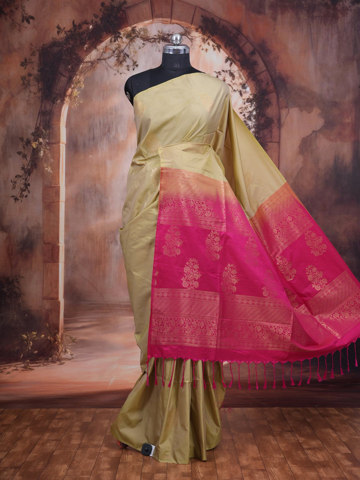Mustard Green with Rani Pink Semi Silk Saree