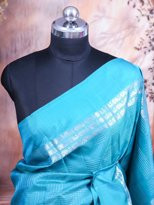 Turquoise Blue with Silver Zari Pure kanchipuram Silk Saree