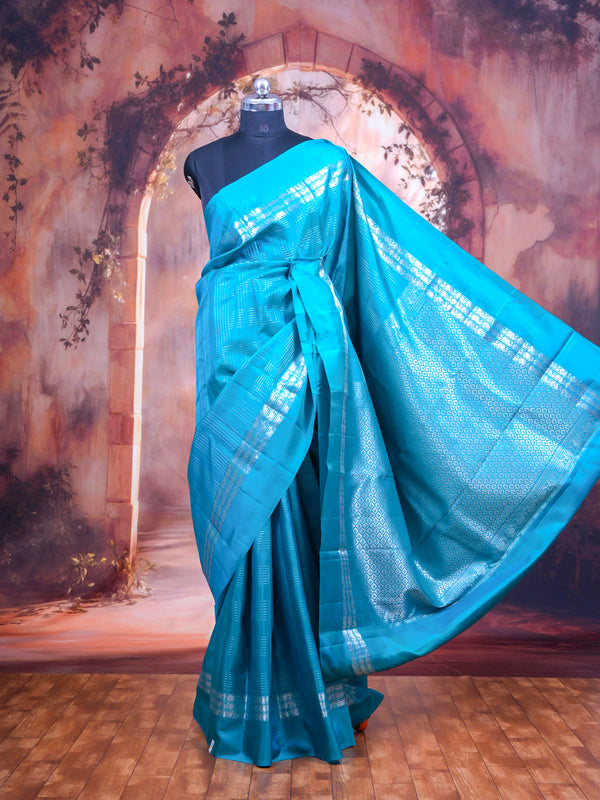 Turquoise Blue with Silver Zari Pure kanchipuram Silk Saree