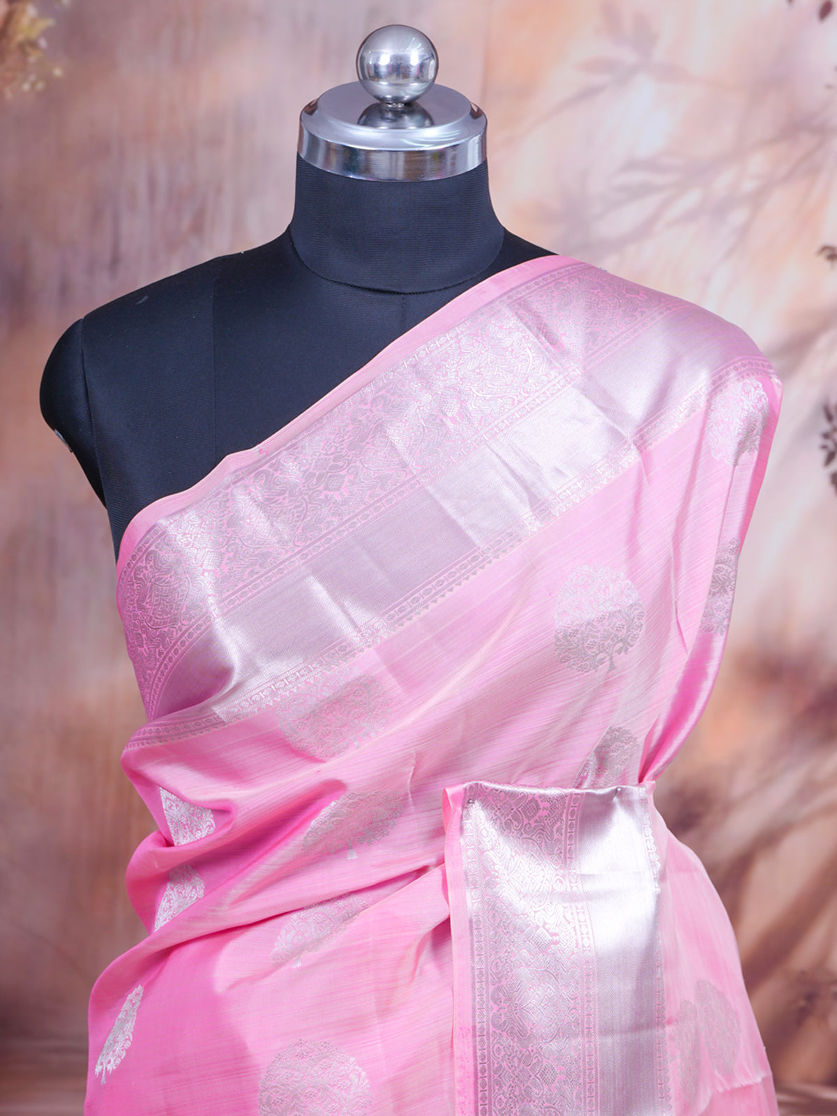 Bubblegum Pink with gray Pure Kanjivaram Silk Saree