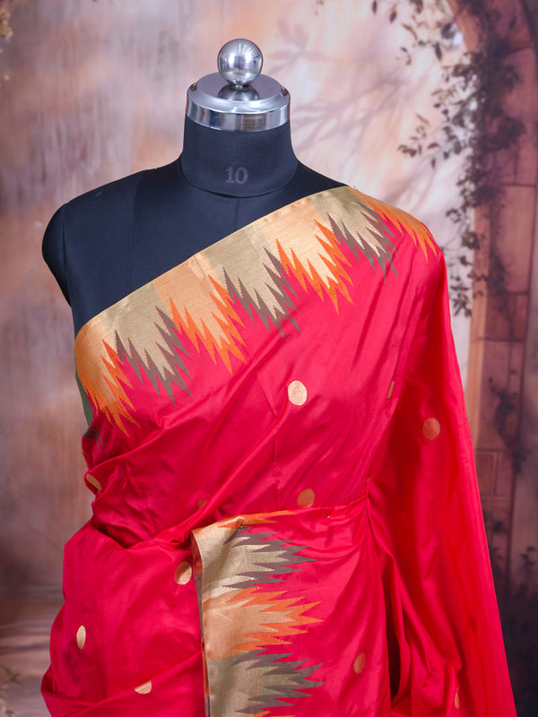 Elegant Crimson Red with Antique Gold  Pure Kanjivaram Silk Saree with Temple Border