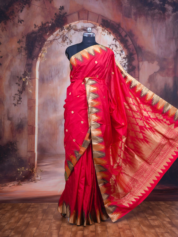 Elegant Crimson Red with Antique Gold  Pure Kanjivaram Silk Saree with Temple Border