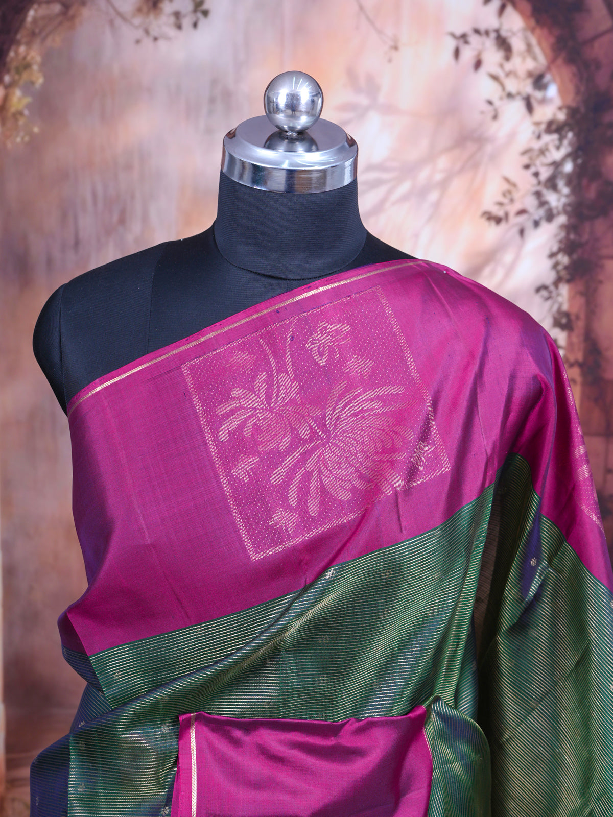 Bottle Green with Magenta Pink Pure Kanjivaram silk saree