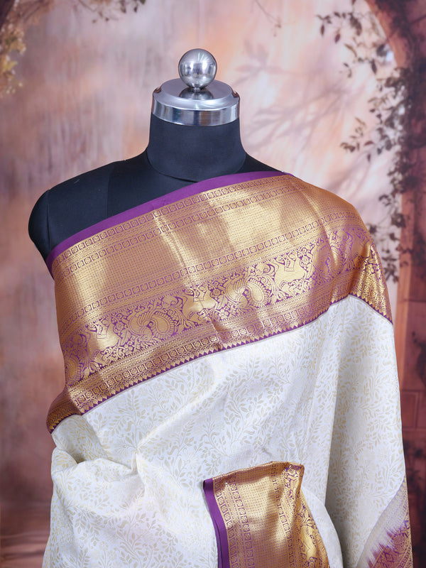 Cream and Purple Kanchipuram Fancy Silk Saree