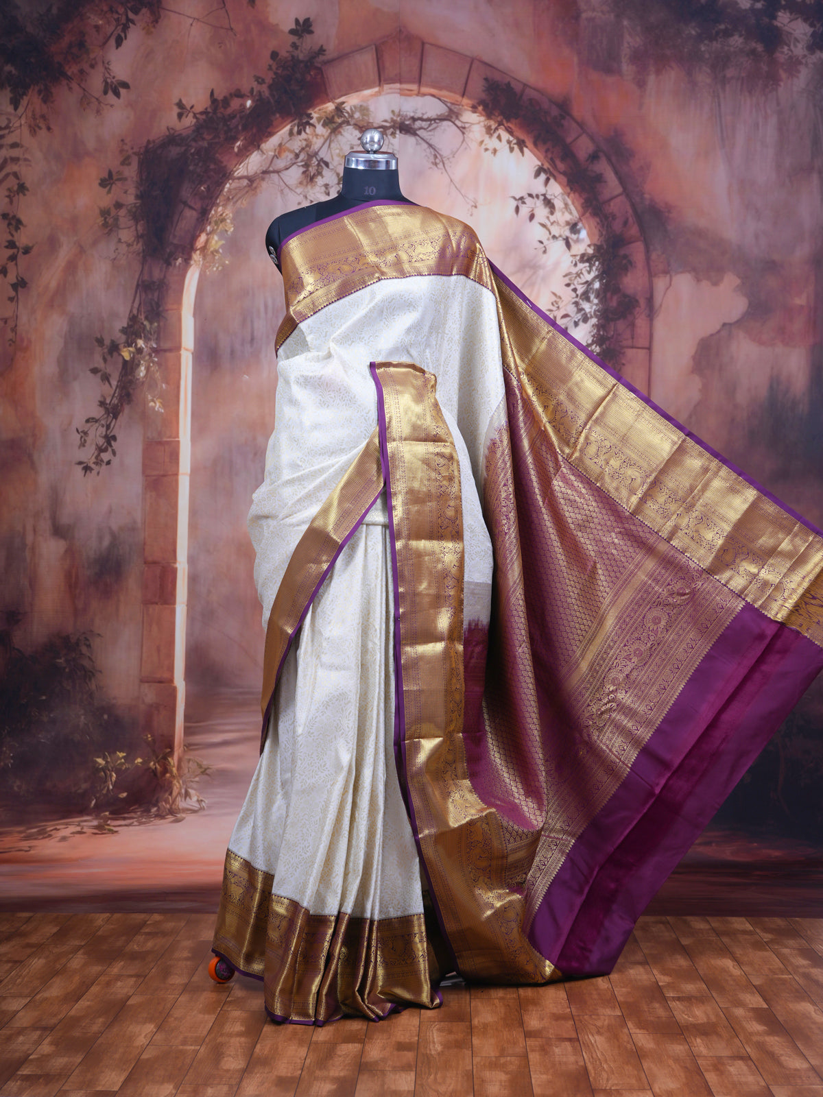 Cream and Purple Kanchipuram Fancy Silk Saree