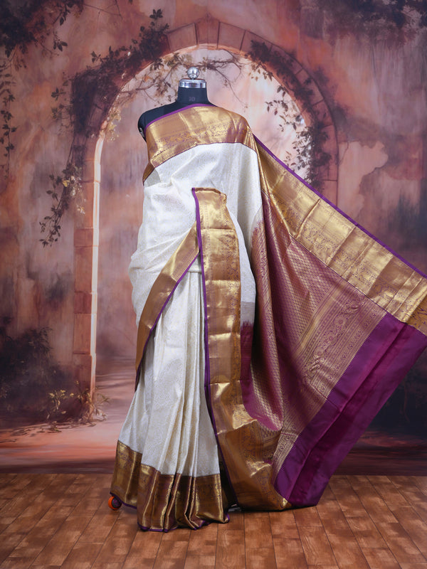 Cream and Purple Kanchipuram Fancy Silk Saree
