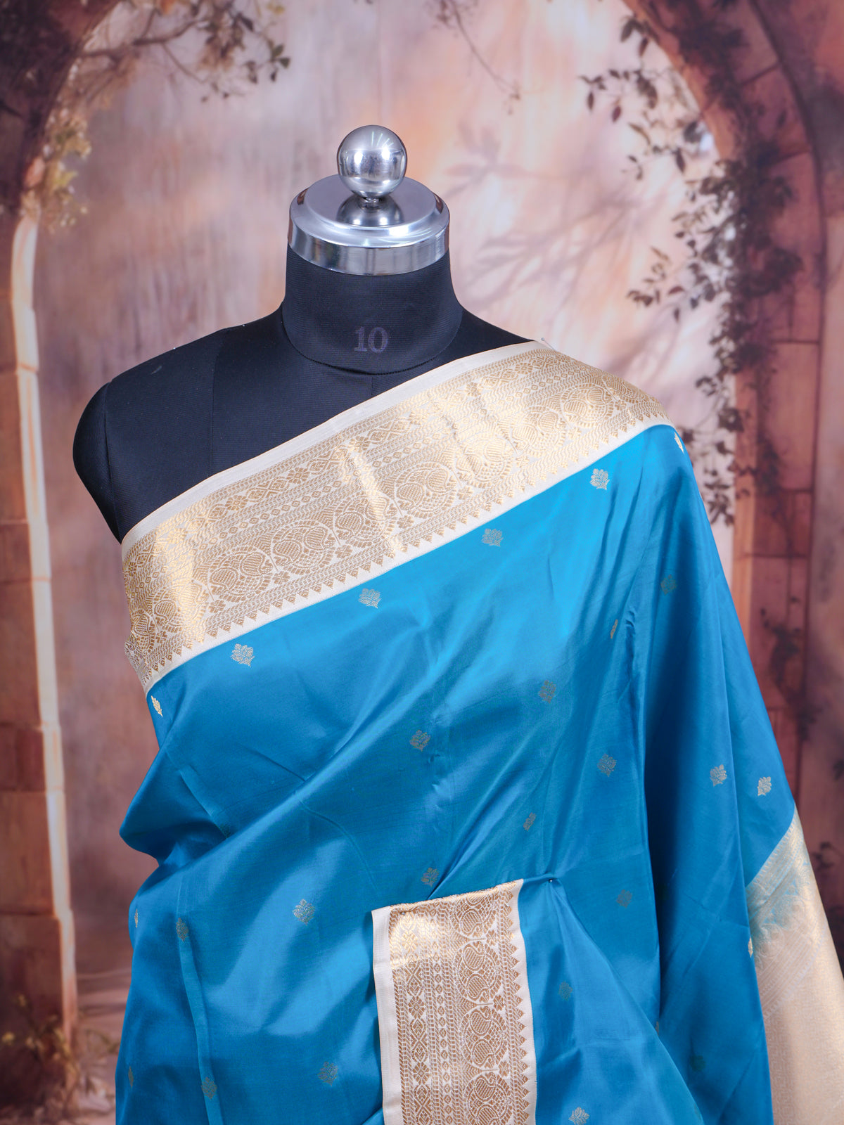 Turquoise Blue and Off-White Pure Kanchipuram Silk Saree