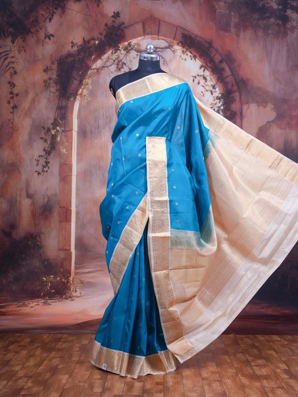 Turquoise Blue and Off-White Pure Kanchipuram Silk Saree
