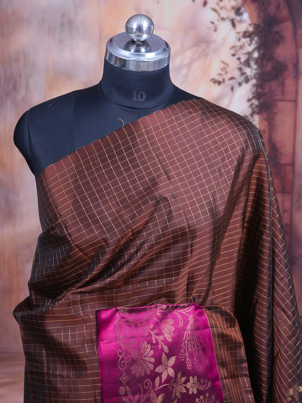Dark Earth Brown and Magenta Kanchipuram Pure Mix Saree