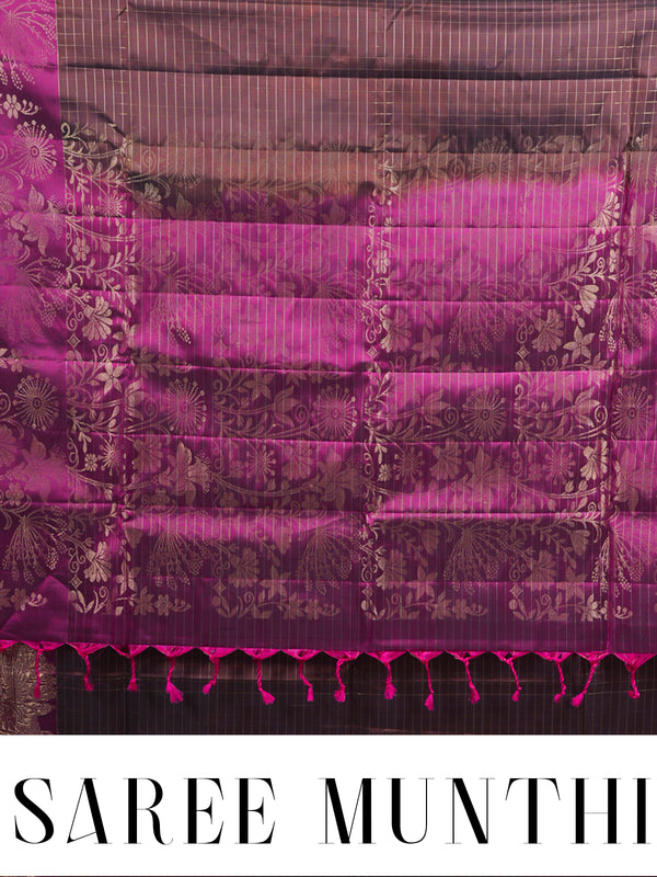Dark Earth Brown and Magenta Kanchipuram Pure Mix Saree