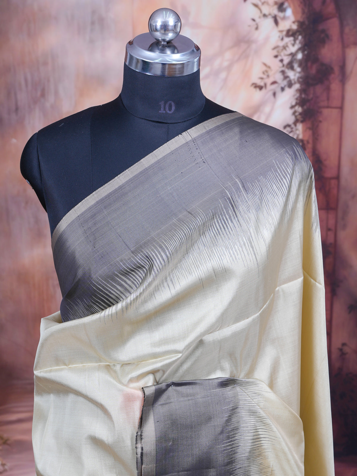 Cream and Charcoal Grey Pure Soft Silk Saree