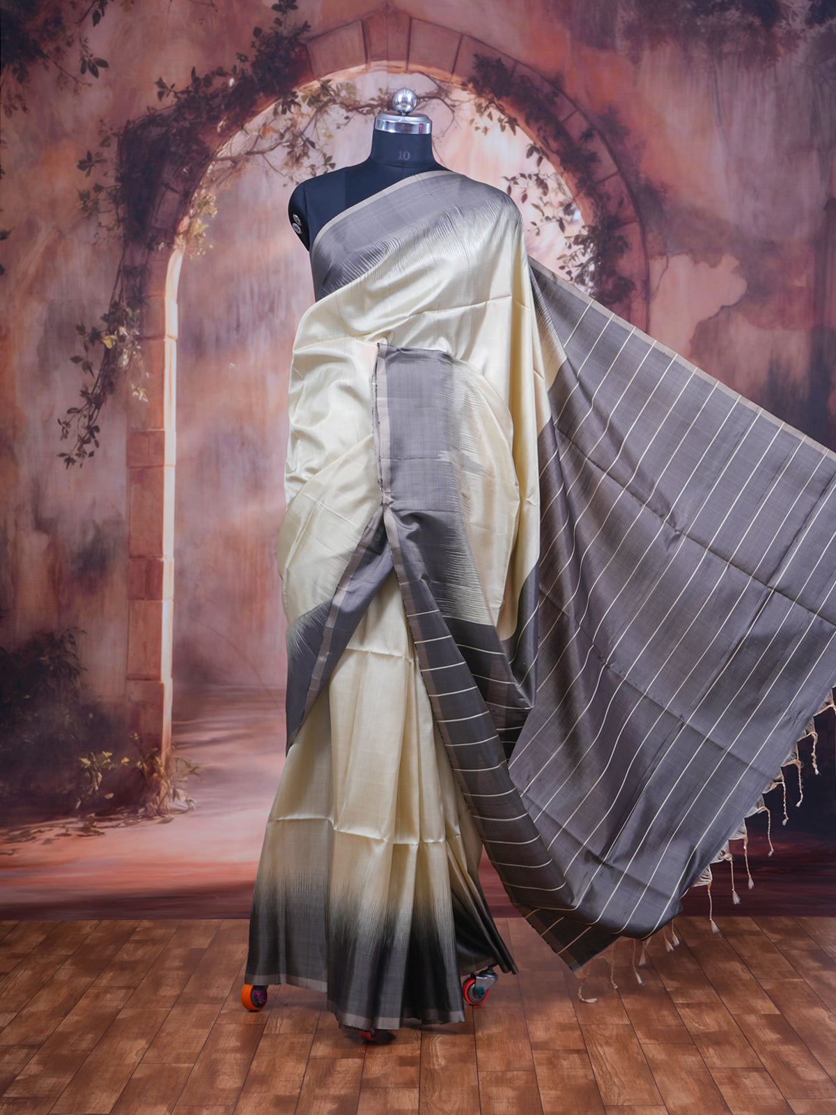 Cream and Charcoal Grey Pure Soft Silk Saree