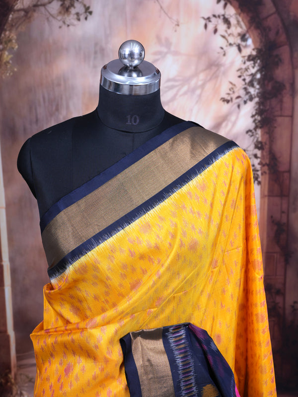 Yellow and Navy Blue Pure Soft Silk Saree