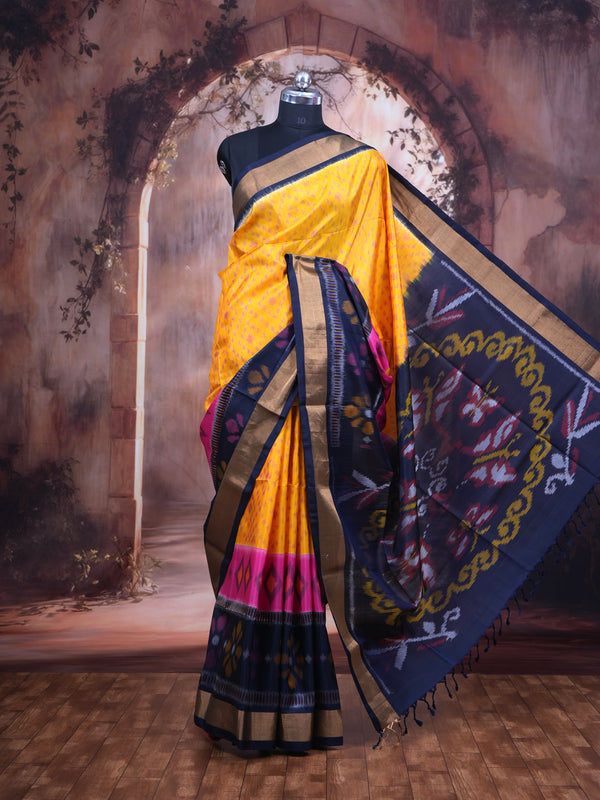 Yellow and Navy Blue Pure Soft Silk Saree