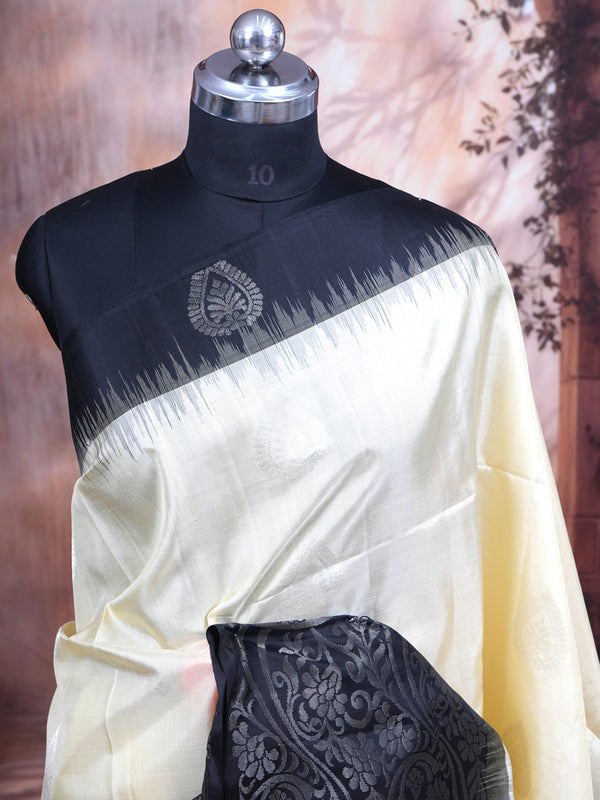 Cream and Black Pure Soft Silk Saree