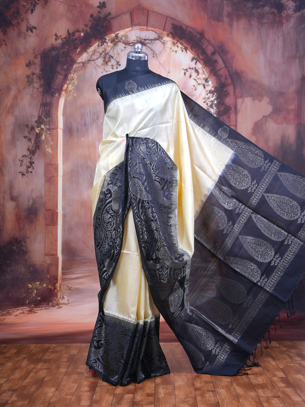 Cream and Black Pure Soft Silk Saree