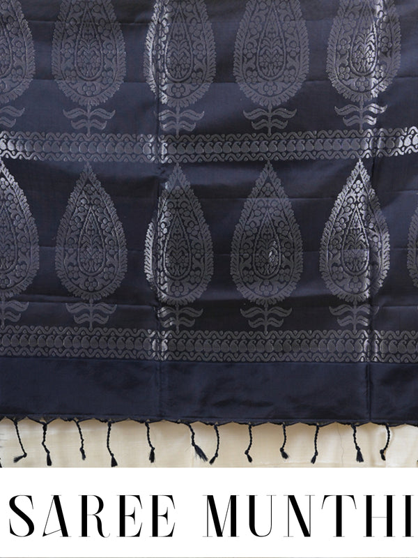 Cream and Black Pure Soft Silk Saree