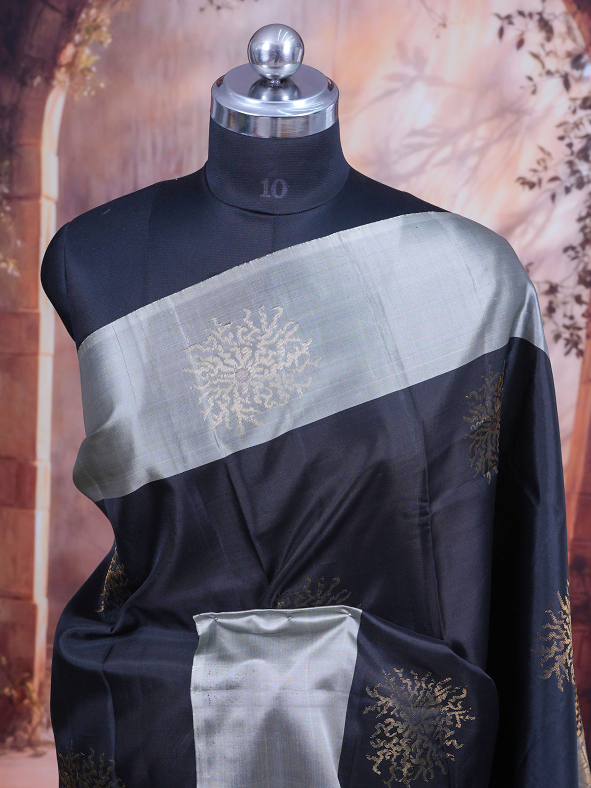 Royal Black & Antique Silver Pure Silk Saree