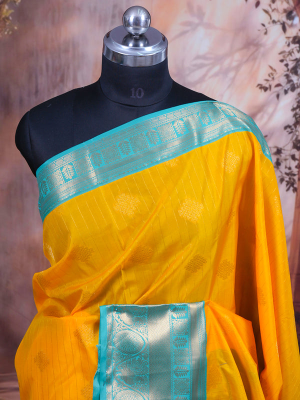 Vibrant Mustard Yellow & Turquoise Blue Pure Silk Saree