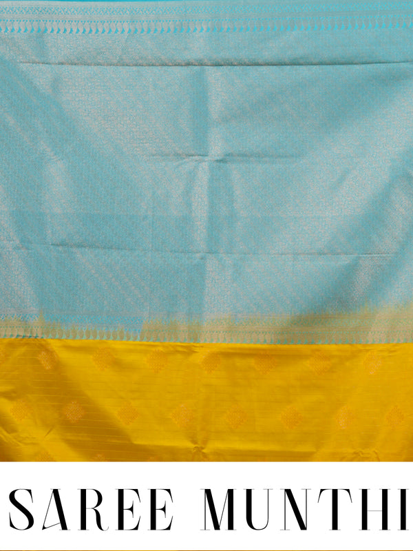 Vibrant Mustard Yellow & Turquoise Blue Pure Silk Saree