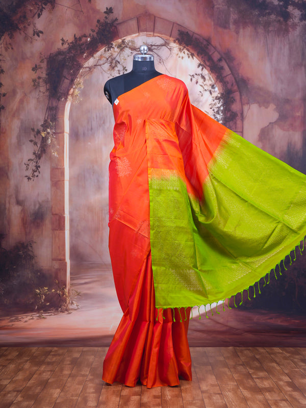 Orange and Lime Green Pure Soft Silk Saree