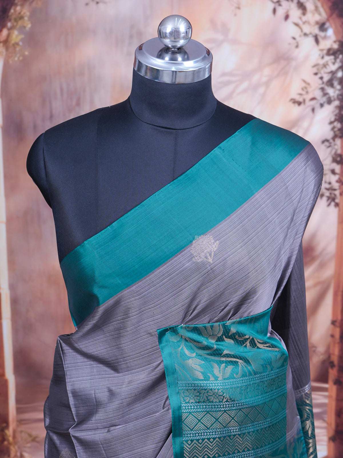 Grey and Rama Green Pure Soft Silk Saree