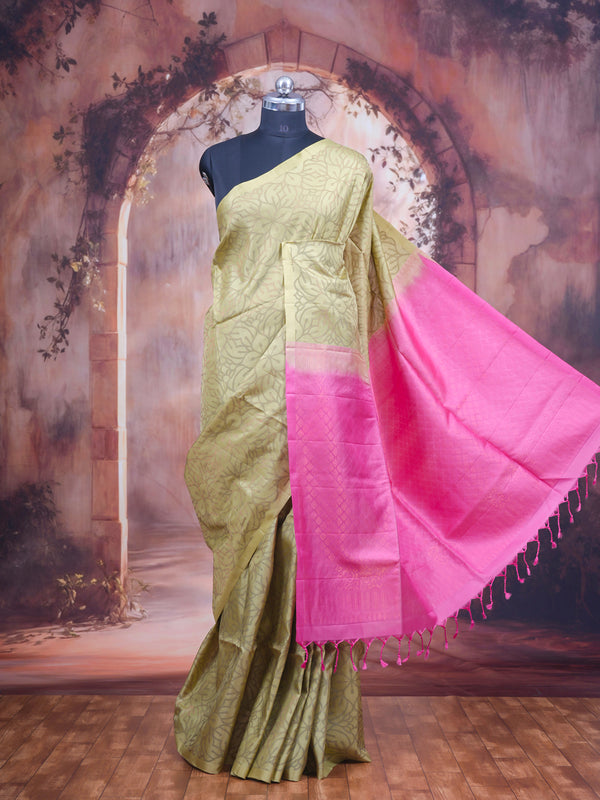 Olive Green and Rani Pink Pure Soft Silk Saree