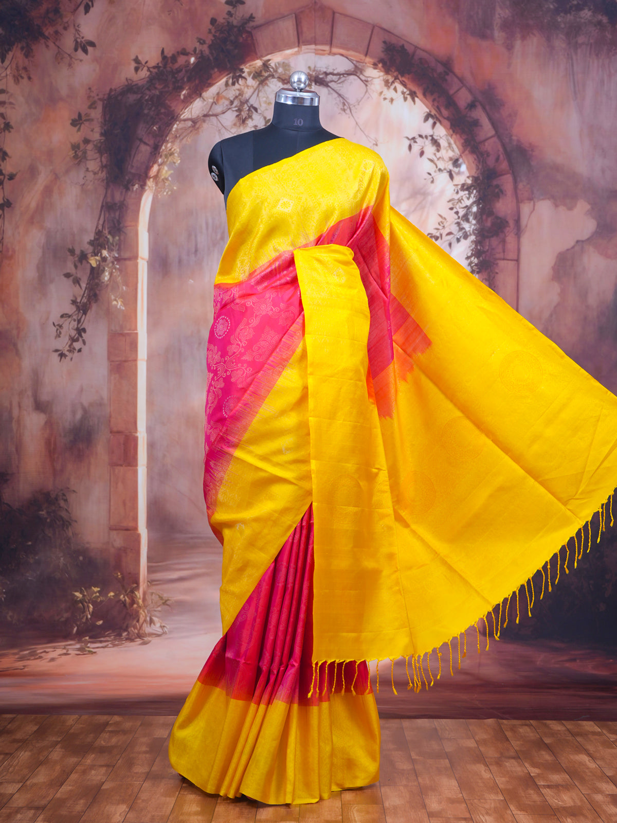 Yellow and Pink Pure Soft Silk Saree