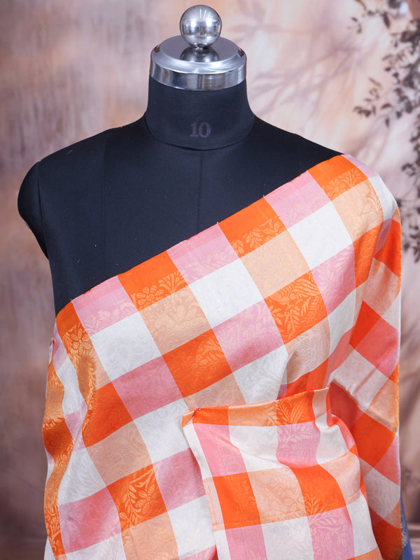 Orange and Off-White Checked Pure Soft Silk Saree