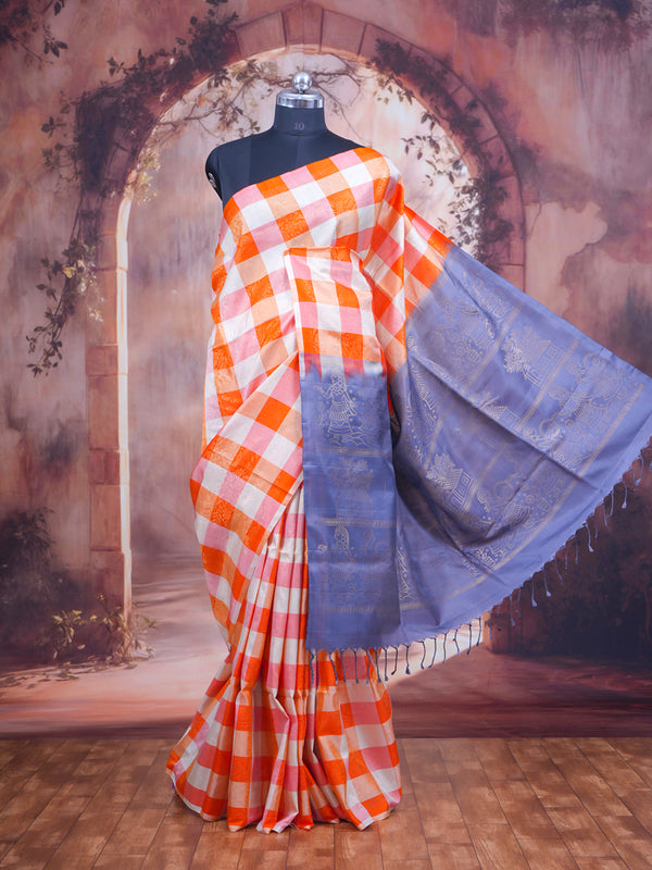 Orange and Off-White Checked Pure Soft Silk Saree