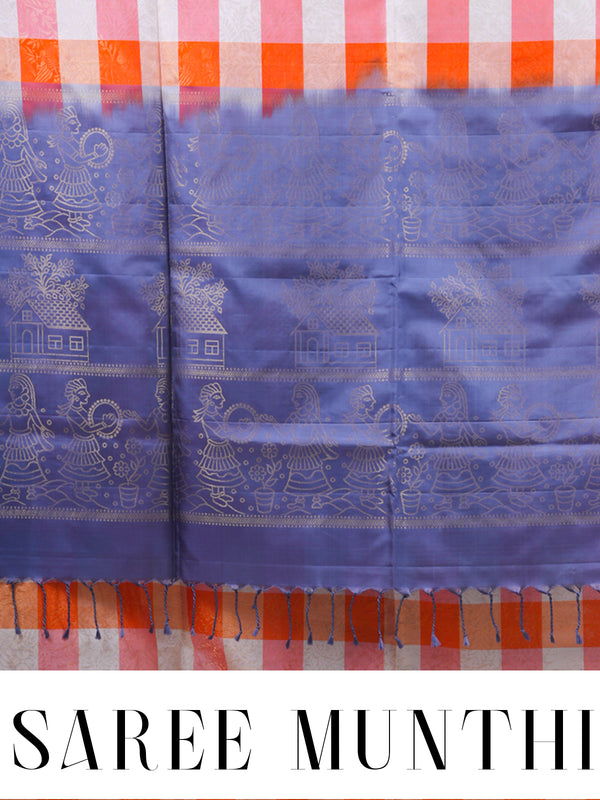 Orange and Off-White Checked Pure Soft Silk Saree