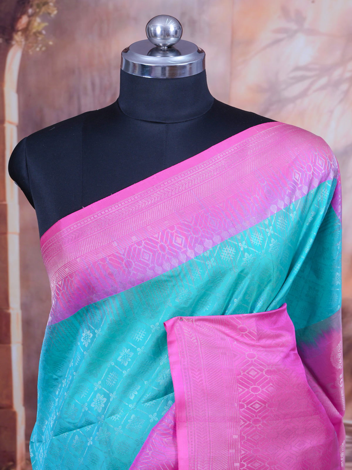 Aqua Blue and Pink Pure Soft Silk Saree