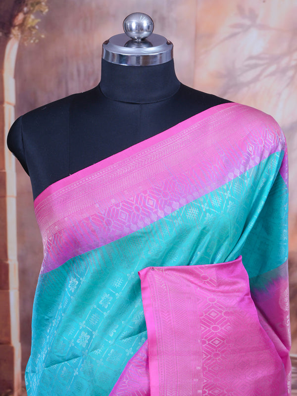 Aqua Blue and Pink Pure Soft Silk Saree